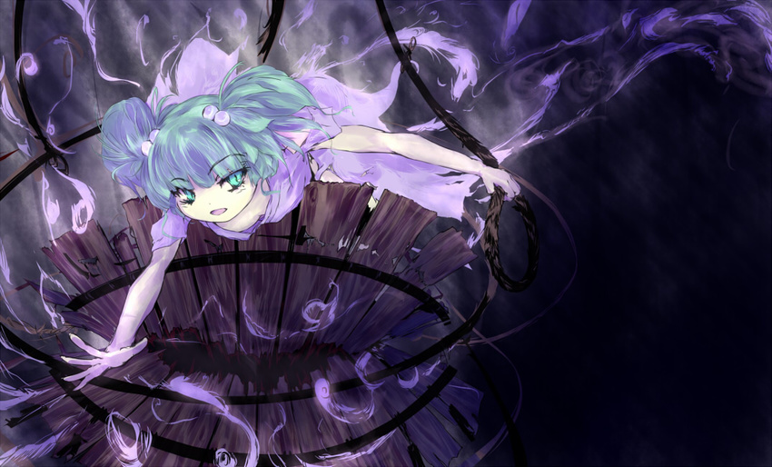 green_eyes green_hair hair_bobbles hair_ornament kisume nine_(suifla) open_mouth rope short_hair short_sleeves solo torn_clothes touhou twintails