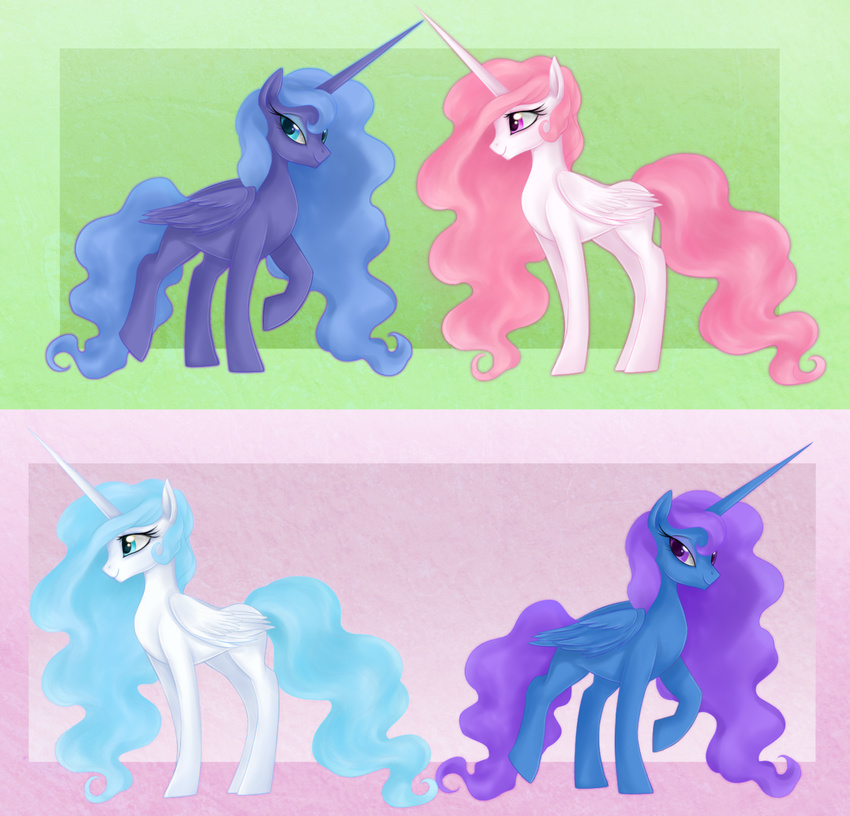 couple equine female feral friendship_is_magic hair horn horse looking_at_viewer mammal mn27 my_little_pony pink_eyes pink_hair pony princess princess_celestia_(mlp) princess_luna_(mlp) purple_eyes re-colored royalty winged_unicorn wings