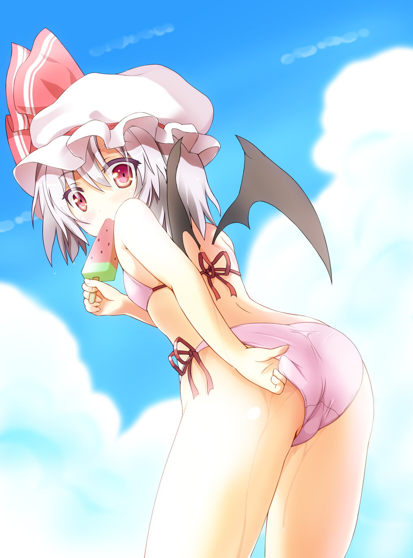 adjusting_clothes adjusting_swimsuit bat_wings bikini cloud day food hat hat_ribbon highres popsicle red_eyes remilia_scarlet ribbon short_hair silver_hair sky solo swimsuit take_tonbo touhou watermelon_bar wings