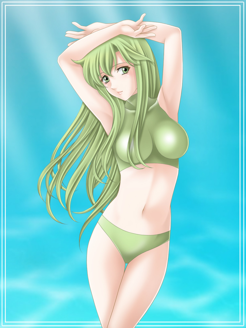 arms_up bad_id bad_pixiv_id bikini fire_emblem fire_emblem:_monshou_no_nazo green_bikini green_eyes green_hair highres long_hair paola swimsuit tamamon turtleneck