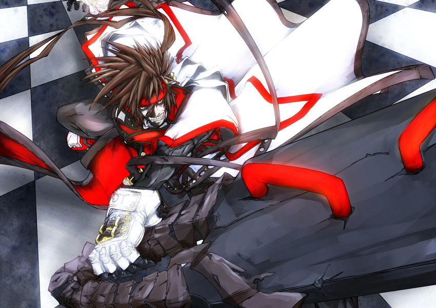 brown_hair fang gloves guilty_gear sol_badguy weapon yellow_eyes