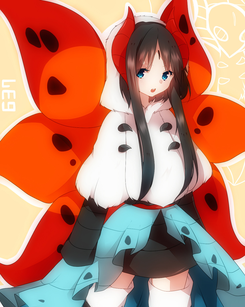 black_hair blue_eyes facial_mark forehead_mark gen_5_pokemon highres hood insect_wings long_hair personification pokemon pokemon_(creature) sleeves_past_wrists solo takeshima_(nia) thighhighs volcarona white_legwear wings