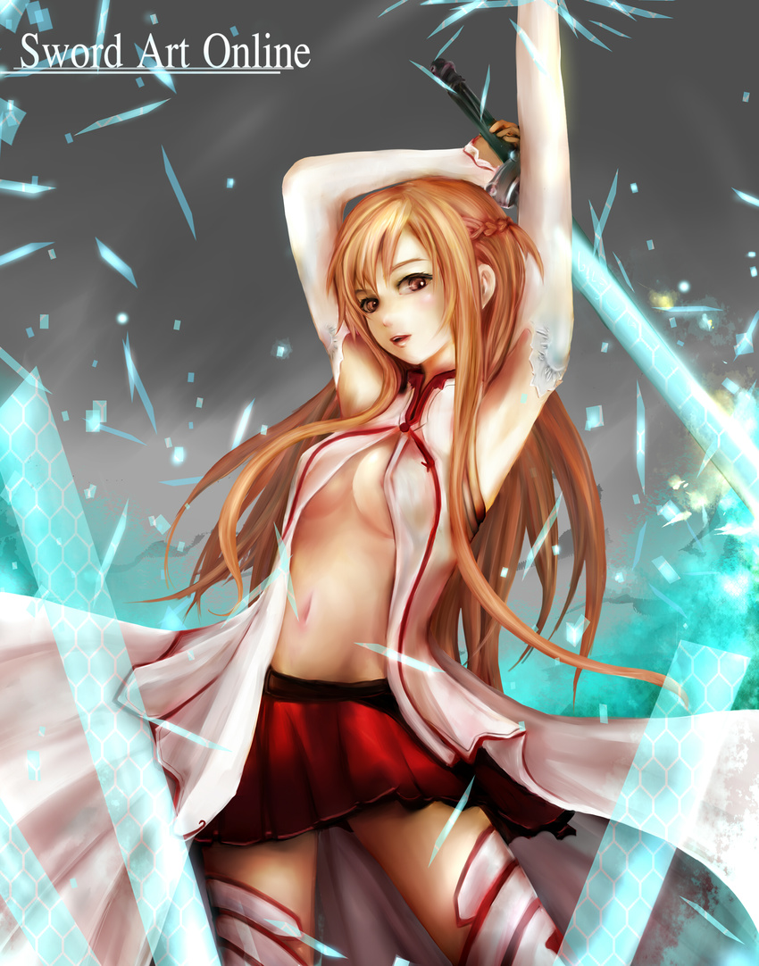 absurdres armpits arms_up asuna_(sao) breasts brown_eyes brown_hair copyright_name detached_sleeves highres long_hair medium_breasts navel open_clothes open_shirt shirt skirt sword_art_online thighhighs white_legwear zhang_xiao_bo