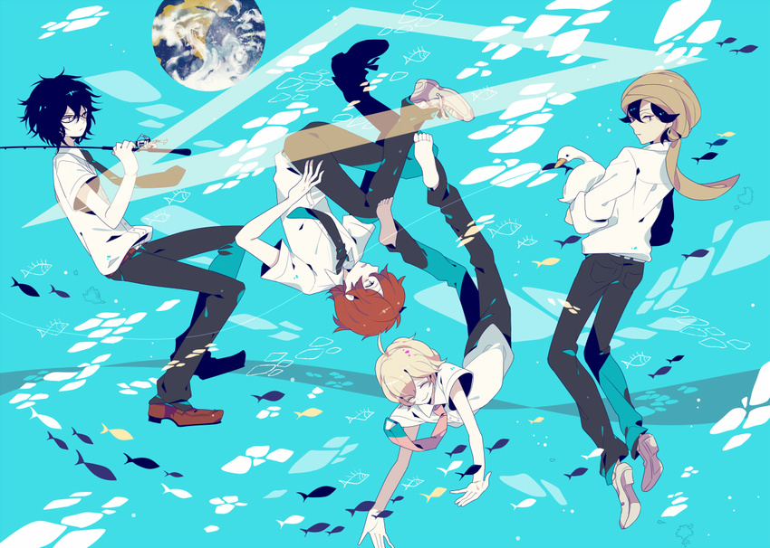 akira_agarkar_yamada bad_id bad_pixiv_id bird black_hair blonde_hair duck fish glasses haru_(tsuritama) male_focus multiple_boys necktie open_mouth sanada_yuki school_uniform shikimi_(yurakuru) tapioka tsuritama turban underwater usami_natsuki water