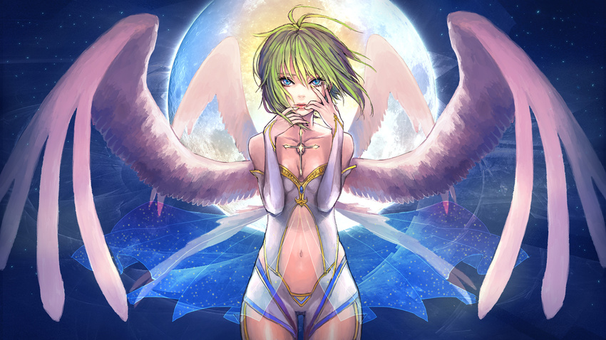 bare_shoulders blue_eyes breasts cleavage green_hair gumi highres lips looking_at_viewer moon multiple_wings navel short_hair small_breasts solo soono_(rlagpfl) vocaloid wings