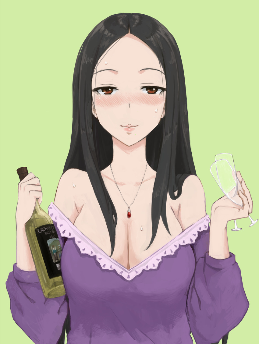 bare_shoulders black_hair blush bottle breasts brown_eyes cleavage dress drunk glass go-m highres hiiragi_shino idolmaster idolmaster_cinderella_girls jewelry large_breasts long_hair necklace smile solo sweat