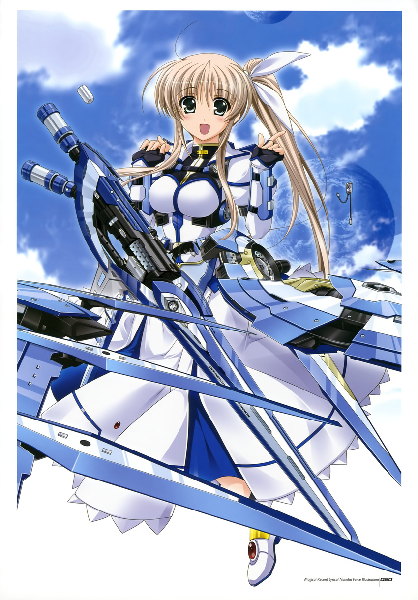 :d absurdres armor blonde_hair blush cloud cosplay day dress fingerless_gloves fortress_(nanoha) gloves green_eyes higa_yukari highres lily_strosek long_hair lyrical_nanoha magical_girl mahou_senki_lyrical_nanoha_force official_art open_mouth planet side_ponytail sky smile steed_(nanoha) strike_cannon takamachi_nanoha takamachi_nanoha_(cosplay)