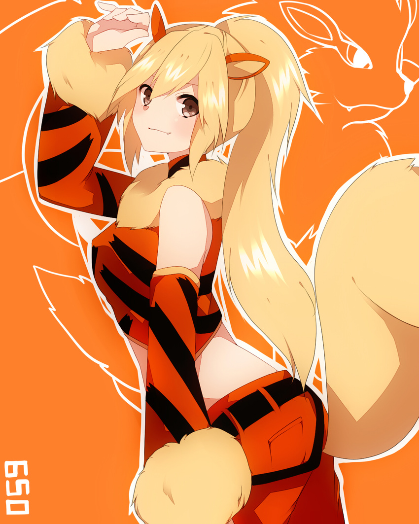 animal_ears arcanine arm_up bare_shoulders blonde_hair blush brown_eyes detached_sleeves fang fur_trim gen_1_pokemon highres long_hair looking_at_viewer personification pokemon pokemon_(creature) ponytail smile solo tail takeshima_(nia)