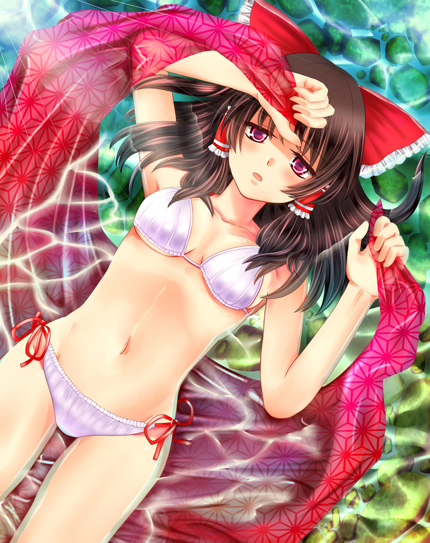 absurdres asa_no_ha_(pattern) bikini bow breasts brown_hair cleavage collarbone hair_bow hair_tubes hakurei_reimu highres long_hair lying medium_breasts navel open_mouth partially_submerged red_eyes shiny shiny_skin side-tie_bikini solo swimsuit touhou wet