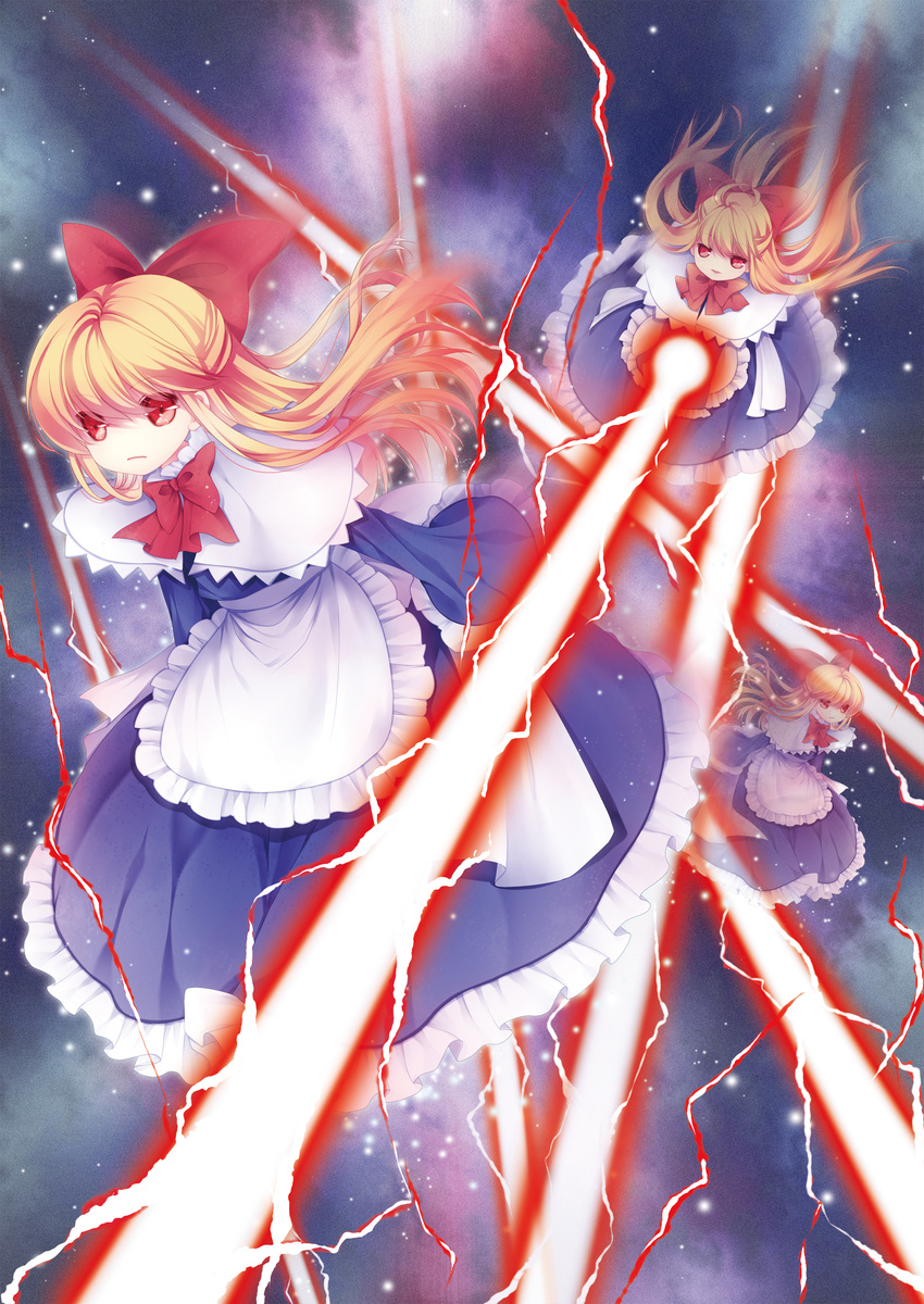 apron bad_id bad_pixiv_id blonde_hair bow capelet doll hair_bow highres long_hair long_skirt long_sleeves mikazuki_sara no_humans red_eyes shanghai_doll skirt touhou wide_sleeves