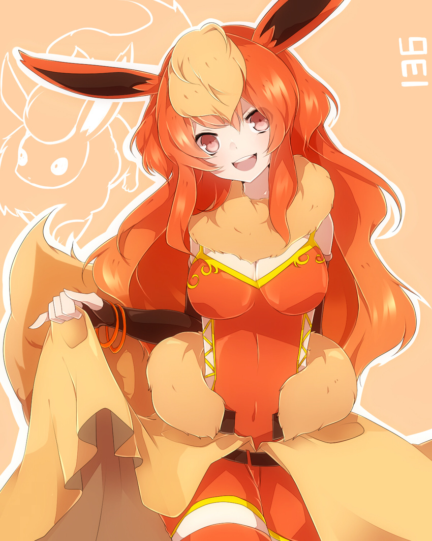 animal_ears black_gloves blush breasts brown_hair elbow_gloves fingerless_gloves flareon fur gen_1_pokemon gloves head_tilt highres large_breasts long_hair multicolored_hair open_mouth personification pink_eyes pinky_out pokemon red_hair red_legwear skirt skirt_lift smile solo takeshima_(nia) thighhighs two-tone_hair