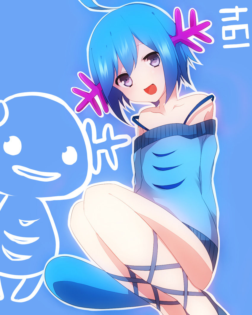 ahoge bare_legs bare_shoulders blue_hair cross-laced_footwear gen_2_pokemon highres looking_at_viewer male_focus open_mouth otoko_no_ko personification pokemon pokemon_(creature) purple_eyes short_hair sitting smile solo sweater tail takeshima_(nia) wooper