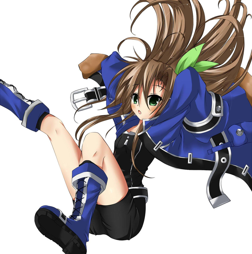 :o arms_up boots bow brown_hair dialclock eyebrows_visible_through_hair green_eyes hair_bow highres if_(choujigen_game_neptune) long_hair long_sleeves looking_at_viewer neptune_(series) open_mouth sleeves_past_wrists solo