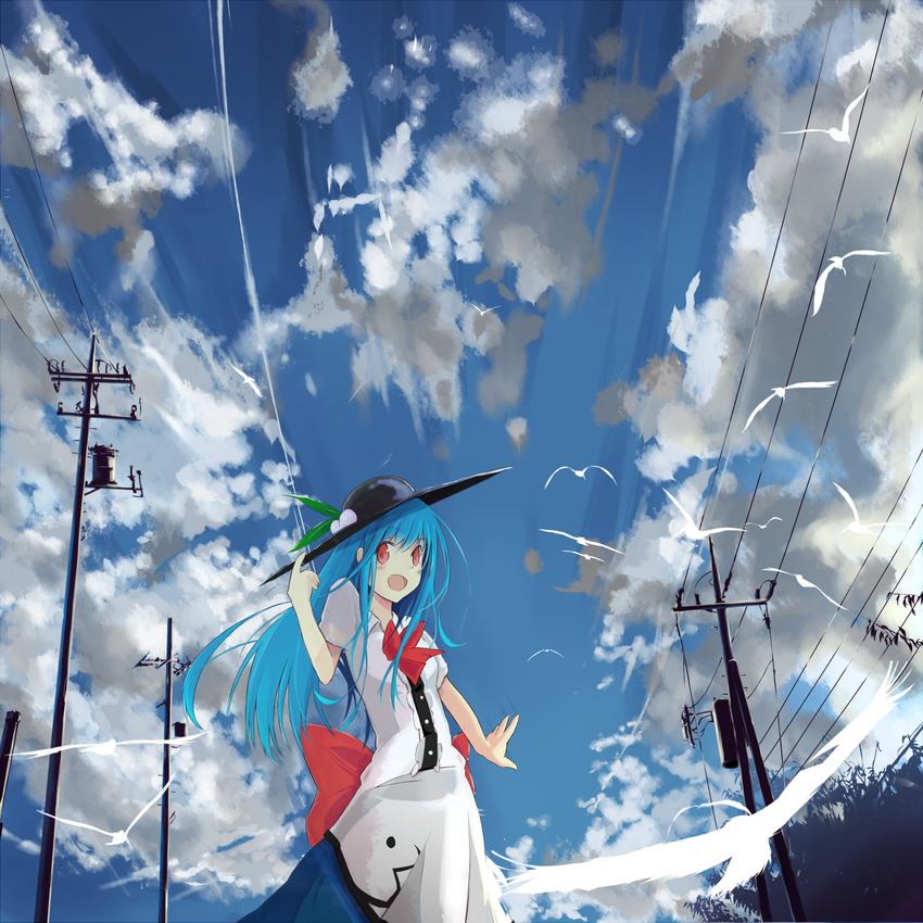 animal bird blue_hair bow cloud day food fruit hat highres hinanawi_tenshi leaf long_hair open_mouth peach red_eyes short_sleeves sky solo tetsurou_(fe+) touhou