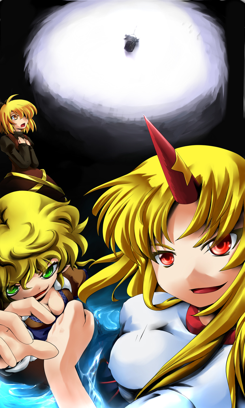 ahoge blonde_hair bow breasts bucket cleavage clenched_hands green_eyes hair_bow highres horn hoshiguma_yuugi in_bucket in_container kisume kurodani_yamame long_sleeves medium_breasts mizuhashi_parsee multiple_girls open_mouth pointy_ears red_eyes shiromiza_kana short_hair short_sleeves star touhou twintails yellow_eyes