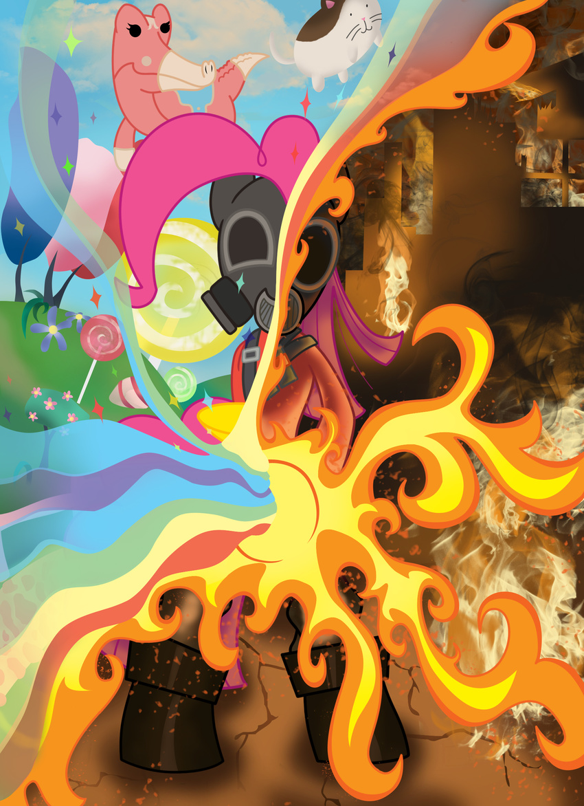 building candy cat cutie_mark equine eyewear feline female fire flamethrower friendship_is_magic gas_mask goggles hair horse lollipop mammal my_little_pony pinkamena_(mlp) pinkie_pie_(mlp) pony pyro_(team_fortress_2) rainbow ranged_weapon reptile scalie shock-the-hedgehog solo team_fortress_2 video_games weapon