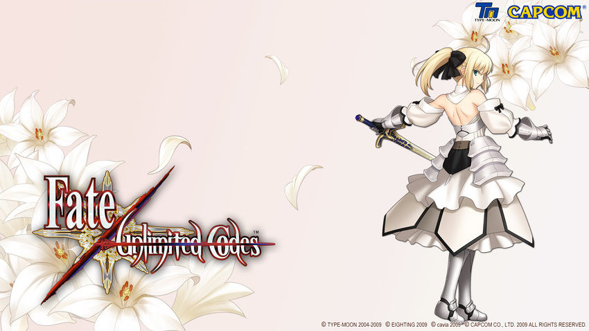 2009 armor armored_dress artoria_pendragon_(all) bare_shoulders blonde_hair caliburn copyright_name dress fate/stay_night fate/unlimited_codes fate_(series) flower gauntlets green_eyes hair_ribbon highres higurashi_ryuuji lily_(flower) logo long_hair official_art ribbon saber saber_lily solo sword wallpaper weapon white