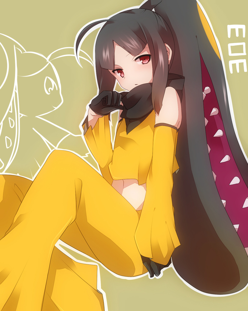 ahoge bare_shoulders black_gloves black_hair detached_sleeves extra_mouth gen_3_pokemon gloves highres looking_at_viewer mawile midriff navel pants personification pokemon pokemon_(creature) prehensile_hair red_eyes scarf sitting solo takeshima_(nia)