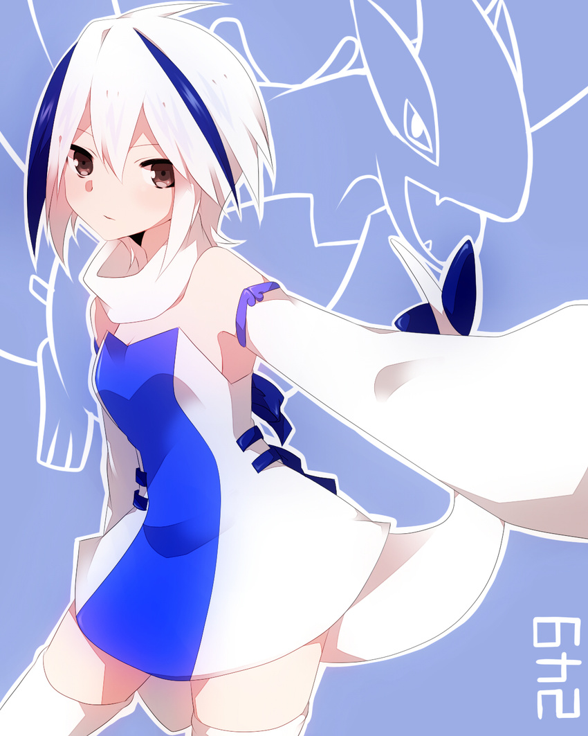 bare_shoulders blue_hair detached_collar detached_sleeves gen_2_pokemon highres looking_at_viewer lugia multicolored_hair personification pink_eyes pokemon pokemon_(creature) short_hair sleeves_past_wrists solo tail takeshima_(nia) thighhighs two-tone_hair white_hair white_legwear zettai_ryouiki