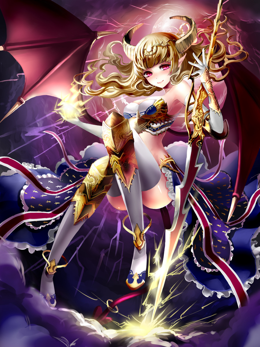 armor bad_id bad_pixiv_id blonde_hair boots cloud dragon_wings elbow_gloves electricity fantasy gloves highres horns long_hair looking_at_viewer original pink_eyes pointy_ears smile solo terai_(teraimorimori) thigh_boots thighhighs weapon wings