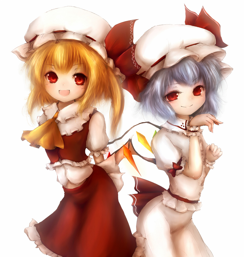 amanojaku ascot bad_id bad_pixiv_id bat_wings blonde_hair blue_hair crystal hat hat_ribbon highres multiple_girls open_mouth puffy_sleeves red_eyes remilia_scarlet ribbon short_sleeves siblings side_ponytail sisters touhou white_background wings wrist_cuffs
