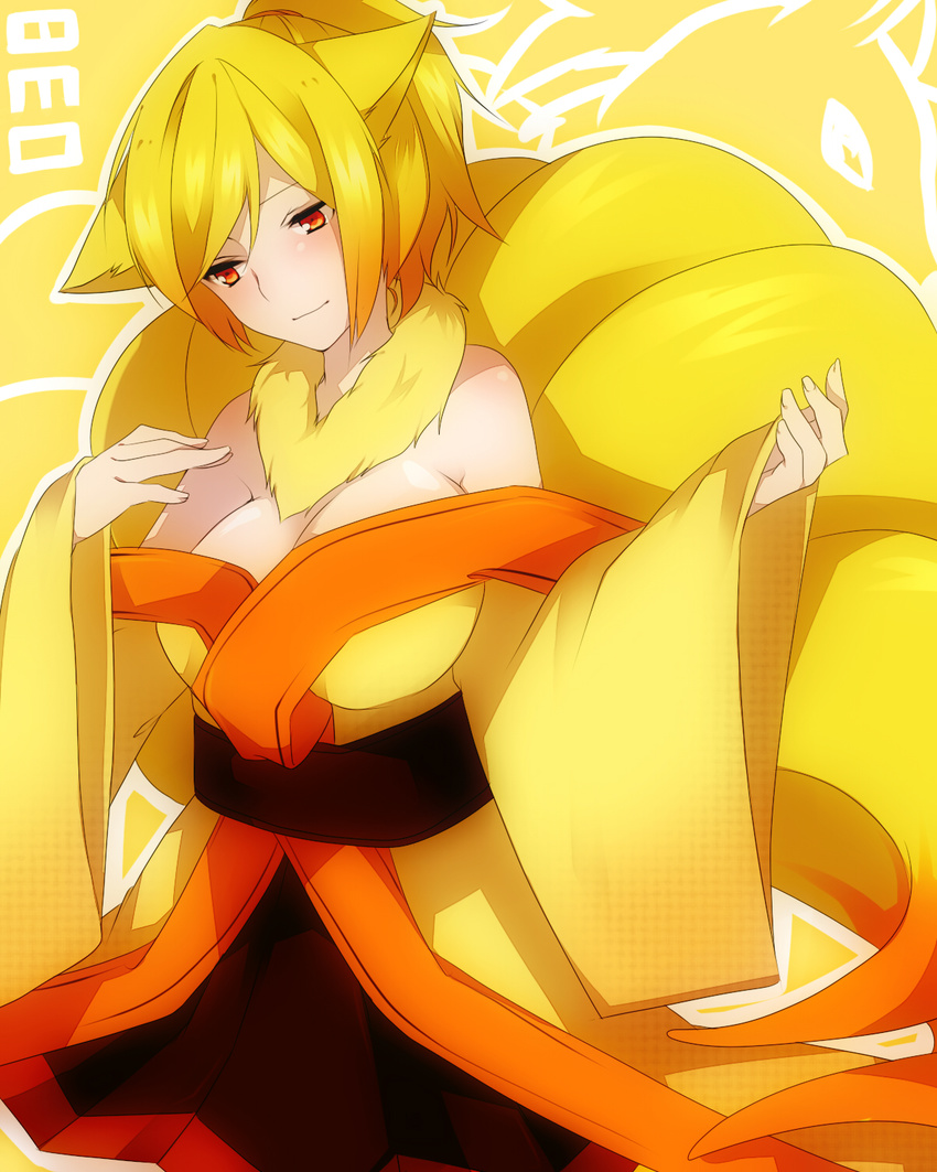 animal_ears bare_shoulders blonde_hair blush breasts fox_ears fox_tail fur gen_1_pokemon gradient_hair highres japanese_clothes kimono kyuubi large_breasts light_smile looking_down multicolored_hair multiple_tails ninetales off_shoulder personification pokemon pokemon_(creature) ponytail solo tail takeshima_(nia) wide_sleeves