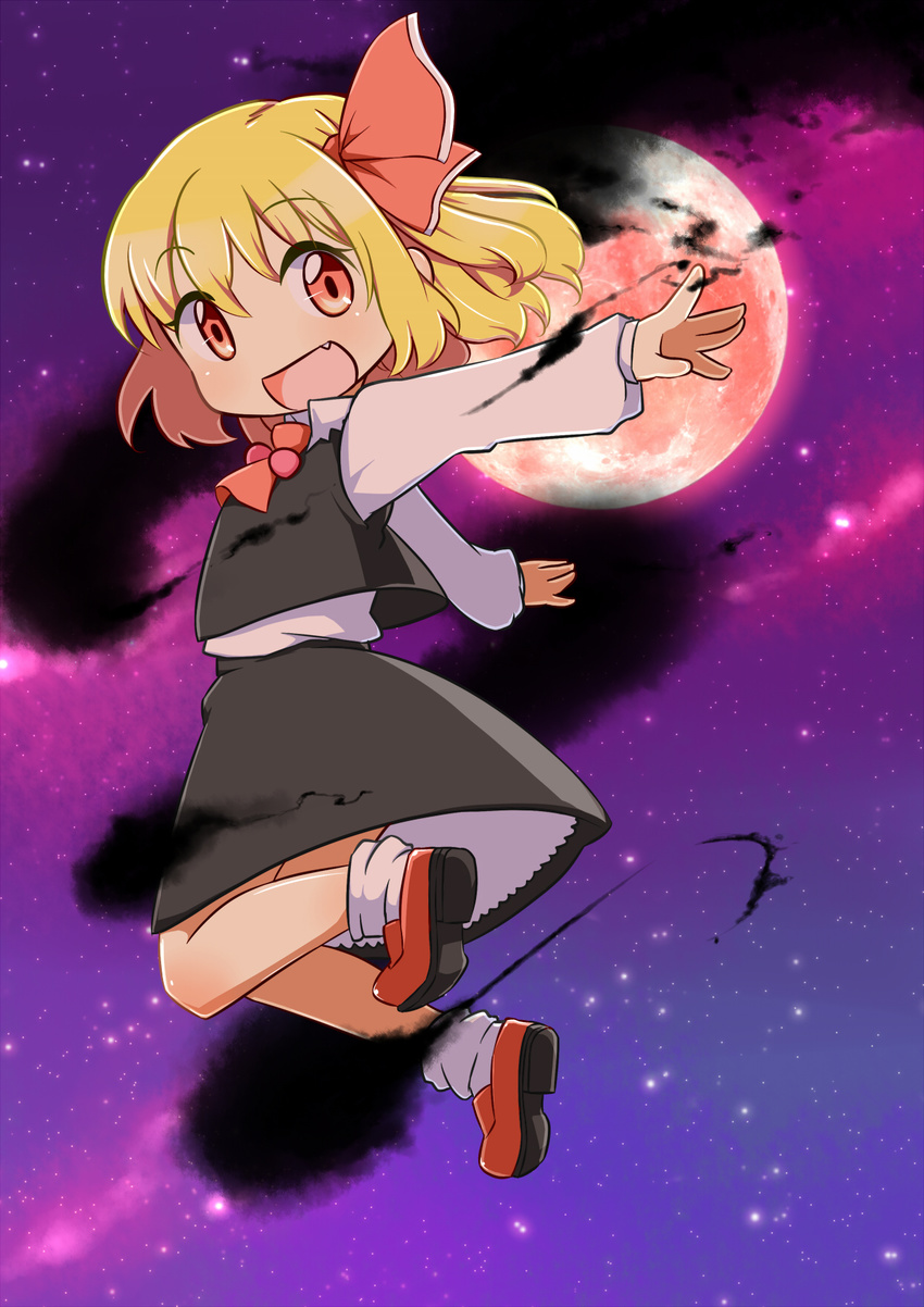 blonde_hair blush fang hair_ribbon highres hinoki_bayashi long_sleeves moon open_mouth outstretched_arms red_eyes red_moon ribbon rumia short_hair solo touhou