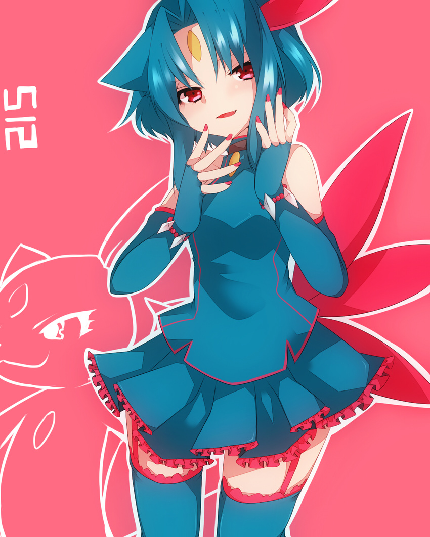 animal_ears blue_hair blue_legwear elbow_gloves fingerless_gloves forehead_jewel garter_straps gen_2_pokemon gloves highres looking_at_viewer nail_polish personification pokemon pokemon_(creature) red_eyes skirt sneasel solo tail takeshima_(nia) thighhighs