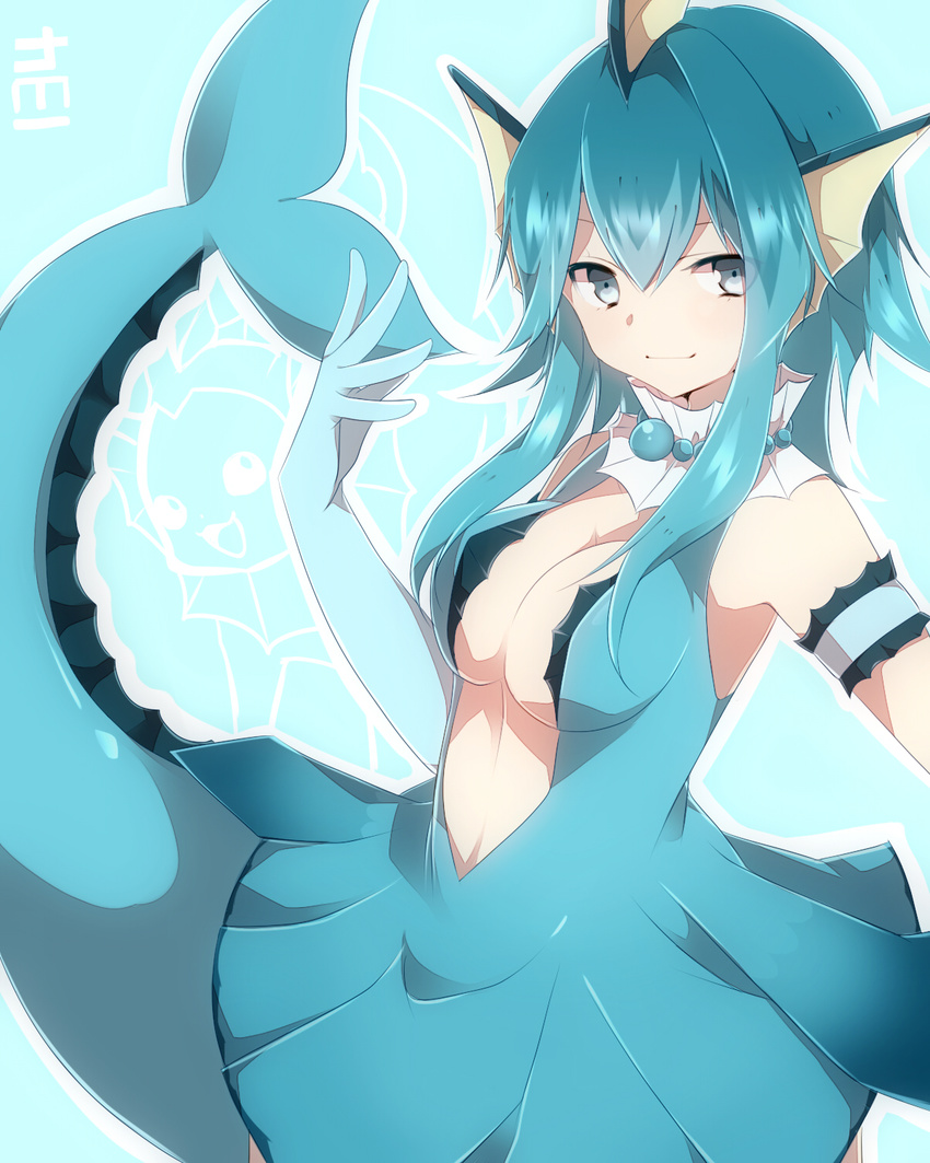 armband blue_eyes blue_gloves blue_hair breasts center_opening cleavage gen_1_pokemon gloves head_fins highres large_breasts long_hair looking_at_viewer mermaid monster_girl personification pokemon pokemon_(creature) skirt smile solo takeshima_(nia) translucent_hair vaporeon