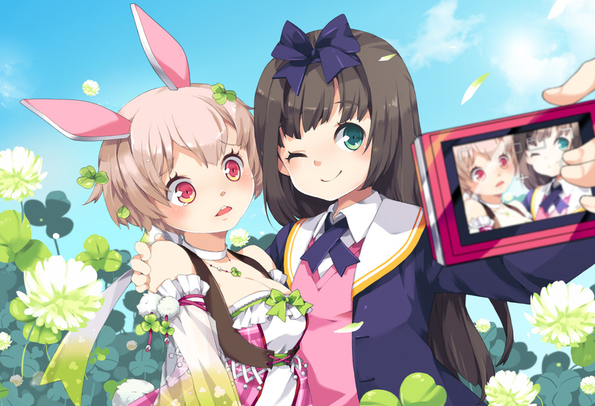;) animal_ears bad_id bad_pixiv_id bare_shoulders black_hair blush bow bunny_ears camera detached_sleeves flower green_eyes hair_bow hand_on_shoulder holding long_hair mhz multiple_girls one_eye_closed original petals red_eyes short_hair silver_hair smile sweater wind