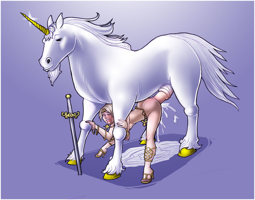 bestiality breasts cum cum_inside cum_pool equine female feral from_behind fullytank heels hooves horn horse horsecock human human_on_feral interspecies male mammal mounted nude orgasm paladin penetration penis sex shia size_difference straight sword unicorn weapon