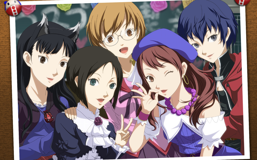 amagi_yukiko animal_ears bad_id bad_pixiv_id bakemonogatari beret black_hair blue_hair brown_eyes brown_hair cosplay crossover earrings edward_elric edward_elric_(cosplay) fullmetal_alchemist glasses gokou_ruri gokou_ruri_(cosplay) green_eyes grey_eyes hanazawa_kana hanekawa_tsubasa hanekawa_tsubasa_(cosplay) hat highres holo holo_(cosplay) horie_yui idolmaster idolmaster_(classic) jewelry koshimizu_ami kouchou kugimiya_rie kujikawa_rise kuma_(persona_4) long_hair marie_(persona_4) minase_iori minase_iori_(cosplay) monogatari_(series) multiple_crossover multiple_girls necklace nekomonogatari nisemonogatari one_eye_closed open_mouth ore_no_imouto_ga_konna_ni_kawaii_wake_ga_nai paku_romi palace_of_dragon_(idolmaster) persona persona_4 persona_4_the_golden photo_(object) satonaka_chie seiyuu_connection shirogane_naoto short_hair smile spice_and_wolf twintails v wolf_ears wrist_cuffs