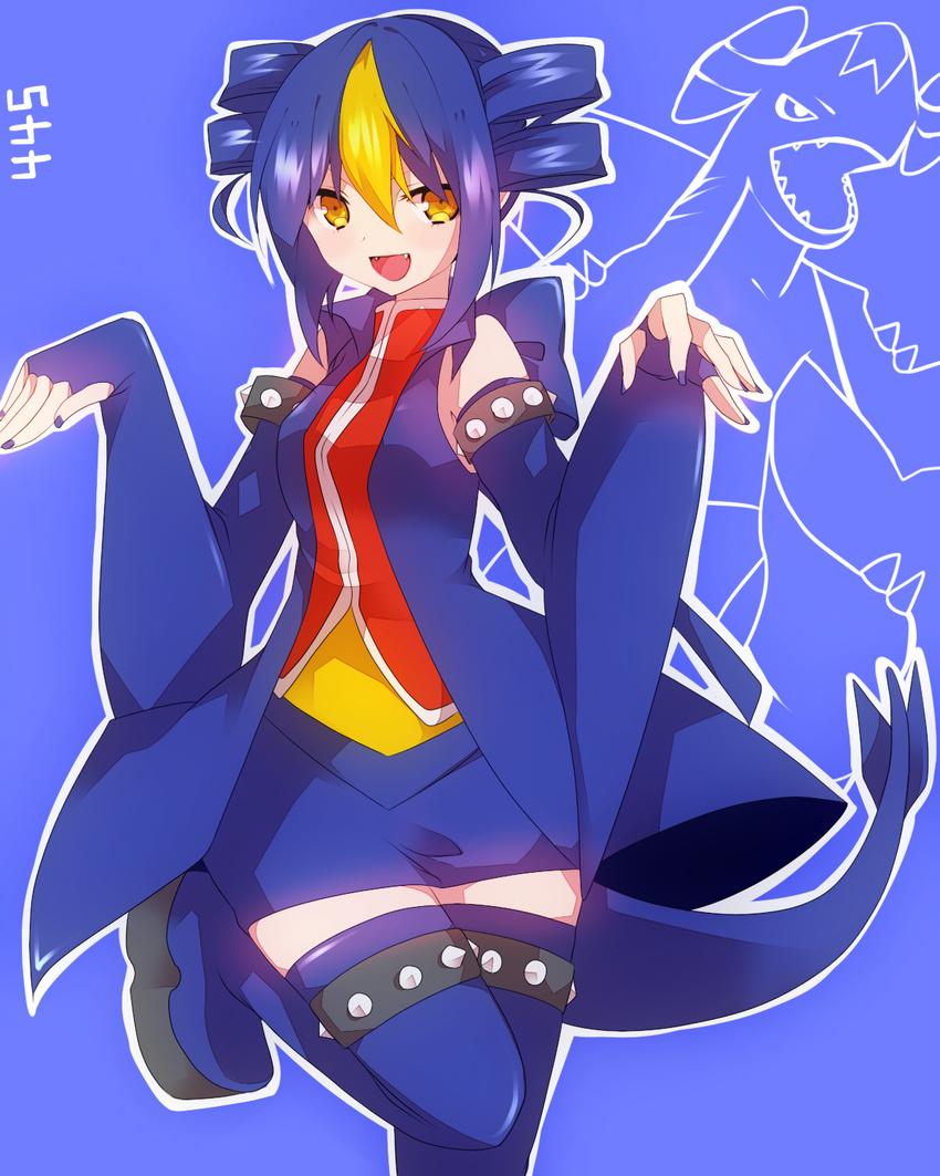 bare_shoulders blonde_hair blue_eyes blue_legwear blush detached_sleeves drill_hair fangs fingerless_gloves garchomp gen_4_pokemon gloves highres leg_up looking_at_viewer miniskirt multicolored_hair nail_polish open_mouth personification pokemon pokemon_(creature) pose short_hair skirt solo standing standing_on_one_leg tail takeshima_(nia) thighhighs twin_drills twintails two-tone_hair yellow_eyes zettai_ryouiki