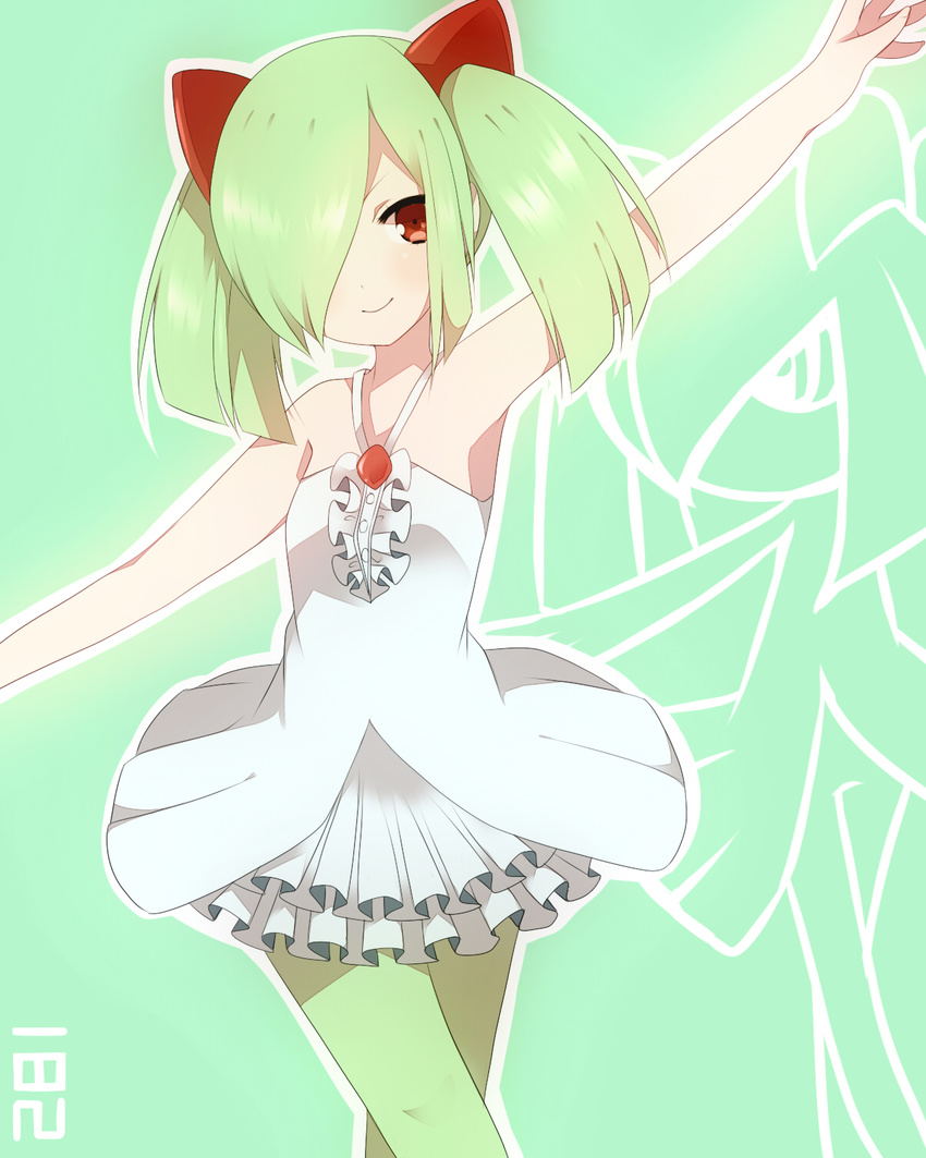 bare_shoulders blush crossed_legs dress frills gen_3_pokemon green_hair green_legwear hair_over_one_eye highres kirlia looking_at_viewer outstretched_arms pantyhose personification pokemon pokemon_(creature) red_eyes smile solo spread_arms standing takeshima_(nia) twintails