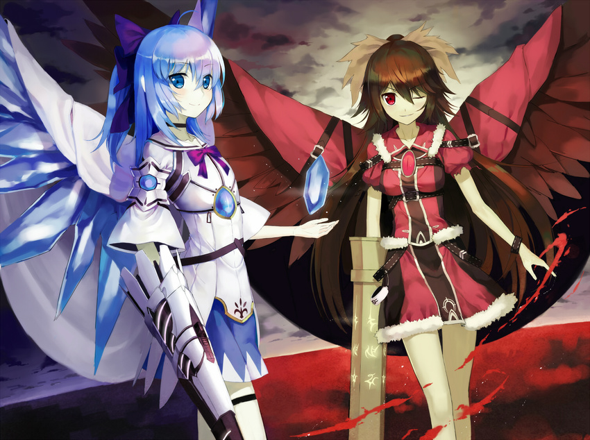 ahoge alternate_costume alternate_hairstyle arm_cannon armor bad_id bad_pixiv_id belt bird_wings black_hair blue_eyes blue_hair blush bow breasts brown_hair cape choker cirno collarbone dress feng_ze glyph hair_bow ice ice_wings long_hair long_sleeves multiple_girls one_eye_closed ponytail puffy_sleeves red_eyes reiuji_utsuho short_hair short_sleeves small_breasts smile third_eye touhou very_long_hair weapon wide_sleeves wings