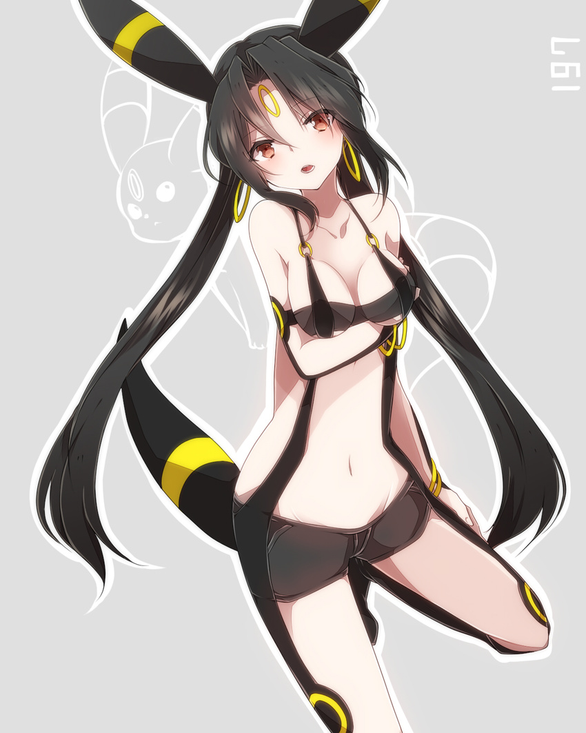 animal_ears black_hair blush bracelet breasts earrings facial_mark forehead_mark gen_2_pokemon highres jewelry long_hair looking_at_viewer medium_breasts navel personification pokemon pokemon_(creature) red_eyes shorts solo tail takeshima_(nia) twintails umbreon