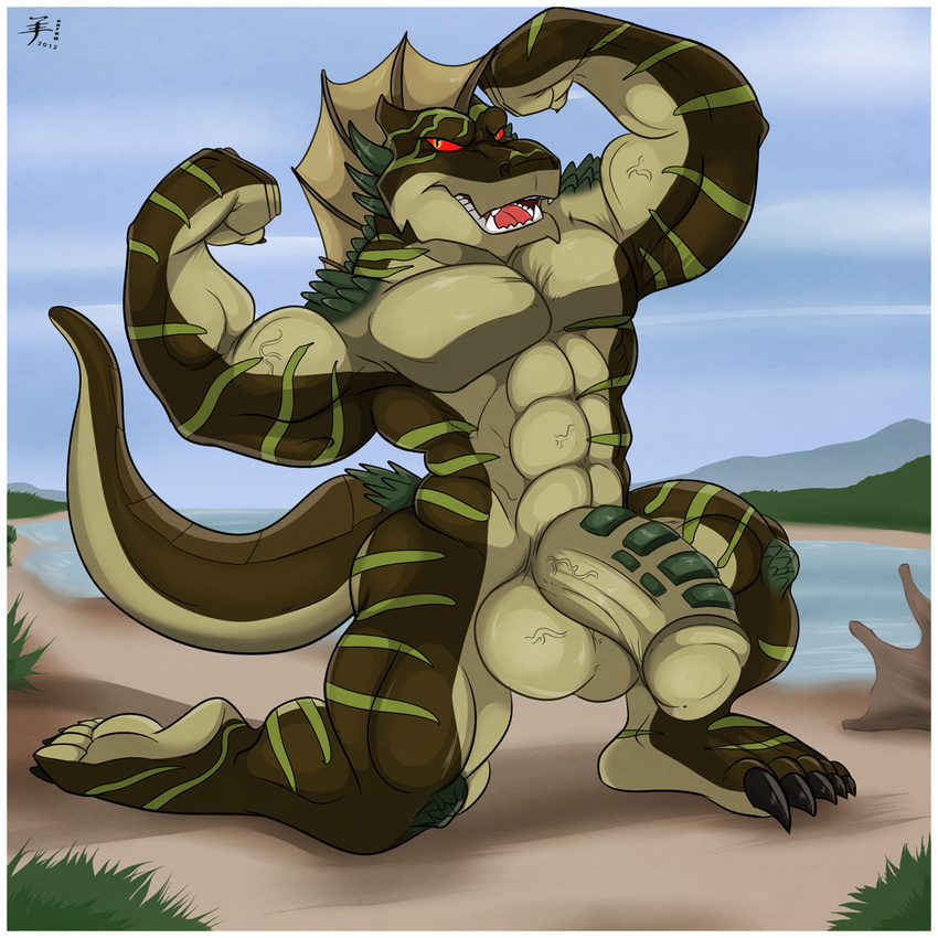 aaron_(artist) abs anthro balls bear-paws biceps big_balls big_muscles big_penis body_markings claws erection everquest fangs flexing green_skin horn huge_muscles huge_penis iksar kneeling lizard male markings muscles nude open_mouth pecs penis pose presenting red_eyes reptile sand scales scalie sea showing_off solo stripes thick thick_penis toe_claws toned tongue uncut unktehila vein video_games water