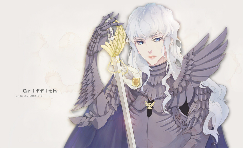 armor bad_id bad_pixiv_id berserk blue_eyes character_name griffith kittyxxx lips long_hair male_focus solo sword weapon white_hair wings