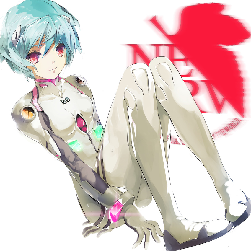 1girl ayanami_rei bad_id bad_pixiv_id blue_hair bodysuit highres light_smile neon_genesis_evangelion nerv plugsuit red_eyes short_hair simple_background sitting solo white_background white_bodysuit