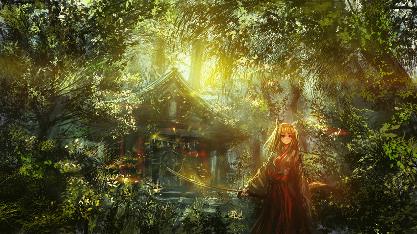 animal_ears blonde_hair forest japanese_clothes lm7_(op-center) long_hair long_sleeves miko nature original shrine silver_hair solo standing sword weapon wide_sleeves