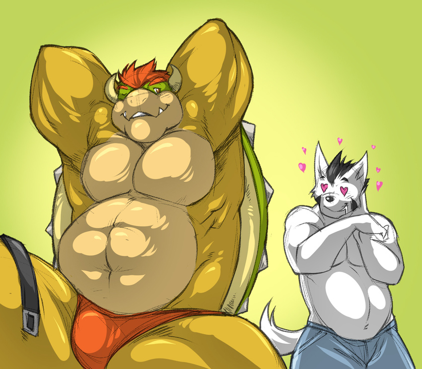 &lt;3 abs anthro beefy belly belt biceps big black_hair blush bowser canine chubby clothed clothing cute dog dragon drooling fanboy fangs flexing fur gorgeous green_background grin hair half-dressed handsome horn hot hunk husky imminent_sex inviting jeans king kokuhane koopa langdon langdon_marston lizard looking_back male mammal mario_bros muscles nintendo one_eye_closed open_mouth overweight pants paws pecs plain_background pose reclining red_eyes red_hair reptile royalty saliva scalie seductive shell simple_background sitting size_difference skimpy smile spikes spread_legs spreading squee standing stud teeth thick topless turtle underwear undressing video_games white_fur wink