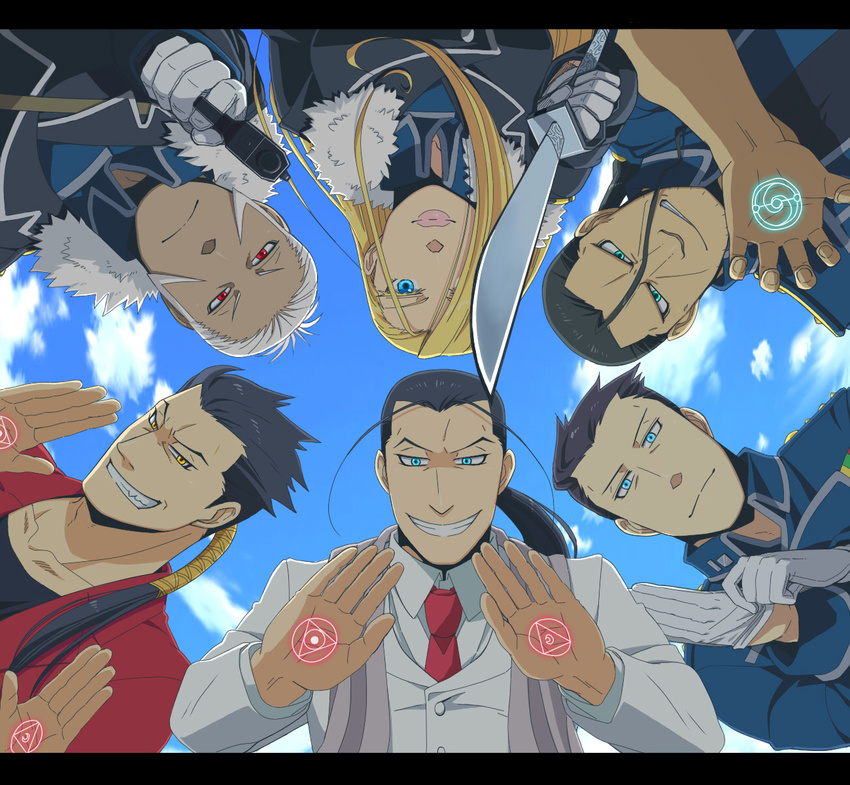 5boys aiming_at_viewer black_hair blue_eyes circle_formation evil_grin evil_smile frank_archer from_below fullmetal_alchemist grin highres isaac_macdougal letterboxed long_hair looking_at_viewer magic_circle miles_(fma) multiple_boys ntm olivier_mira_armstrong ponytail red_eyes smile solf_j_kimblee sword weapon