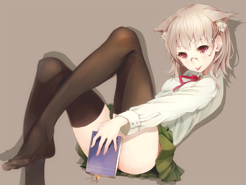 :p animal_ears banned_artist black_legwear book brown_hair cat_ears covering covering_crotch glasses original paseri pleated_skirt red_eyes short_hair simple_background sitting skirt solo thighhighs tongue tongue_out
