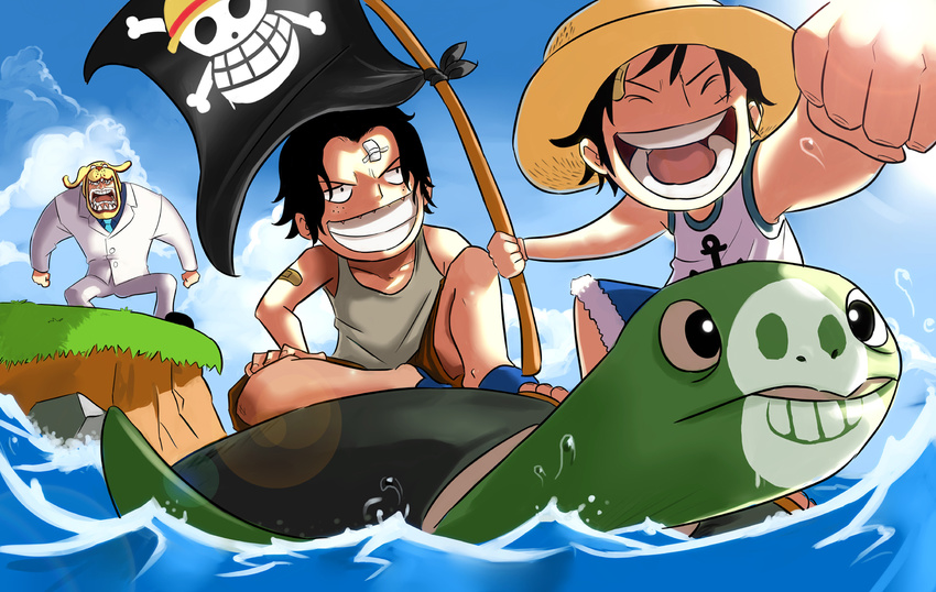 3boys age_difference black_hair brothers family grandfather hat jolly_roger male male_focus marine monkey_d_garp monkey_d_luffy multiple_boys mushimushi necktie ocean one_piece open_mouth pirate pirate_flag portgas_d_ace scar siblings smile straw_hat teeth turtle water