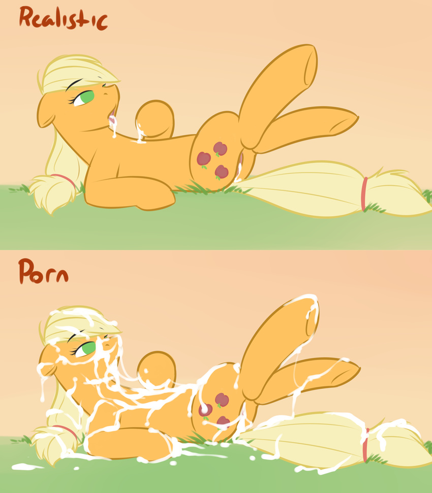 after_sex applejack_(mlp) blonde_hair bukkake comparison cum cum_everywhere cum_on_body cum_on_chest cum_on_face cum_taste cutie_mark equine excessive_cum fatalfox female feral friendship_is_magic grass green_eyes hair hooves horse invalid_tag lying mammal mane messy my_little_pony nude on_back open_mouth outside pony simple_background solo the_truth