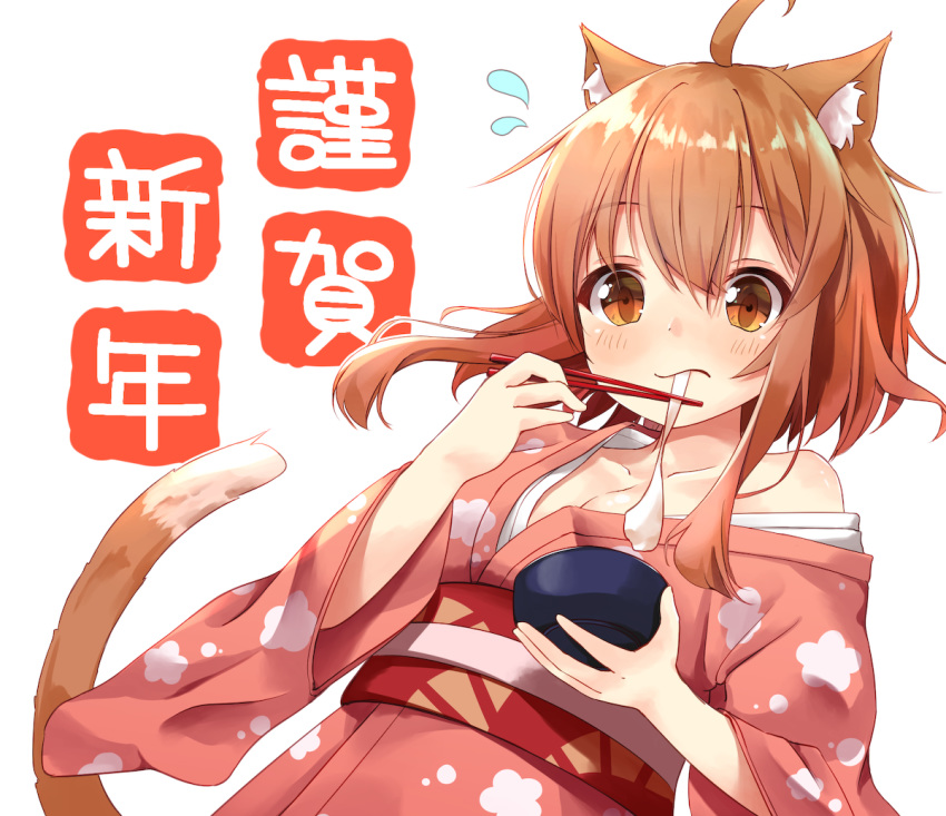 1girl :s ahoge animal_ears bangs bowl breasts brown_eyes brown_hair cat_ears cat_girl cat_tail cleavage closed_mouth collarbone commentary_request eating eyebrows_visible_through_hair floral_print flying_sweatdrops from_below holding holding_bowl japanese_clothes kimono kimono_pull long_sleeves looking_at_viewer looking_down mizutan64 mochi obi off_shoulder original pink_kimono print_kimono sash short_hair_with_long_locks sidelocks simple_background single_bare_shoulder small_breasts solo tail tareme upper_body white_background wide_sleeves