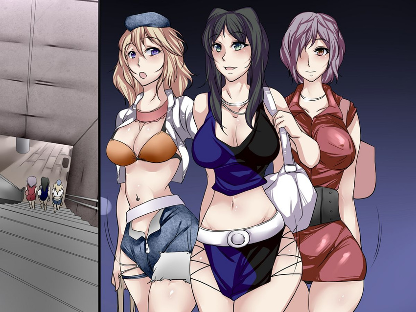 3girls blonde_hair breasts dl_mate hair_over_one_eye large_breasts midriff multiple_girls