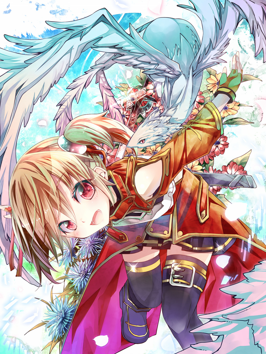 animal blonde_hair detached_sleeves fingerless_gloves flower gloves highres open_mouth petals pina_(sao) red_eyes scabbard sheath sho_(runatic_moon) short_hair short_twintails silica sword_art_online thighhighs twintails