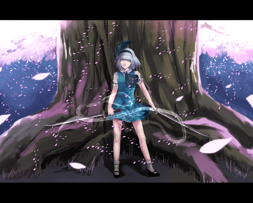 aqua_eyes ascot bad_id bad_pixiv_id black_hairband bobby_socks cherry_blossoms dual_wielding expressionless formal hairband highres holding john_marica katana konpaku_youmu konpaku_youmu_(ghost) letterboxed mary_janes miniskirt saigyou_ayakashi shoes short_hair silver_hair skirt skirt_suit socks solo suit sword touhou tree vest weapon