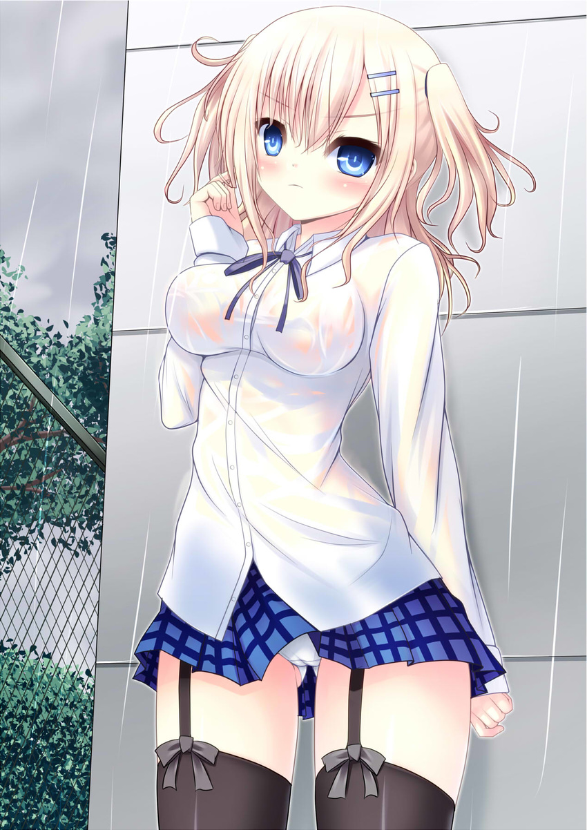 black_legwear blonde_hair blue_eyes blush breasts garter_straps hair_ornament hair_twirling hairclip highres impossible_clothes impossible_shirt looking_at_viewer medium_breasts nyarumi original panties pantyshot plaid plaid_skirt rain shirt short_twintails skirt solo thighhighs twintails underwear wet wet_clothes white_panties